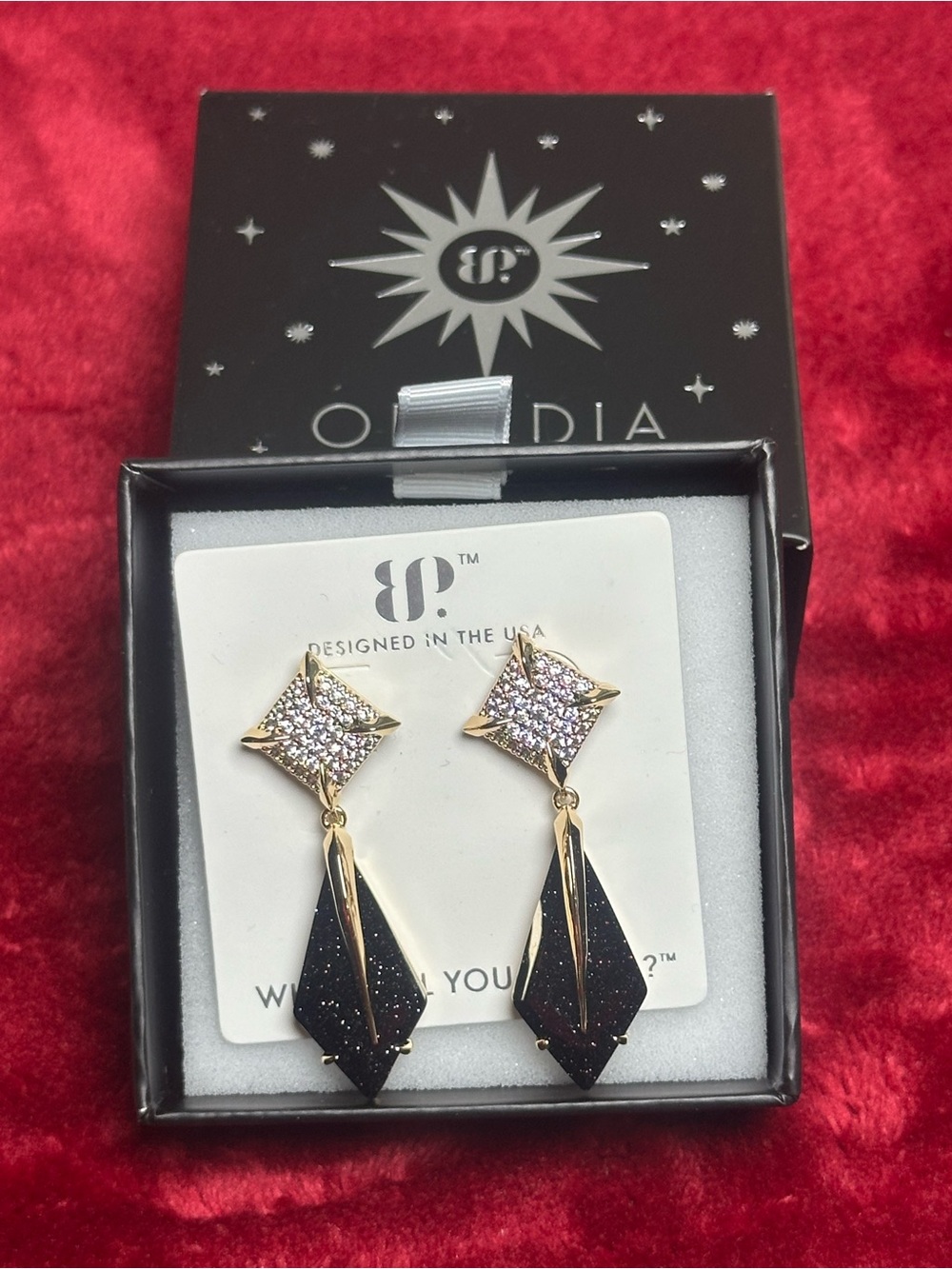Gold-Tone Black Glitter Drop Earrings